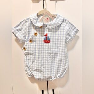 Smocked Blue Gingham Baby Romper with Sailboat Embroidery